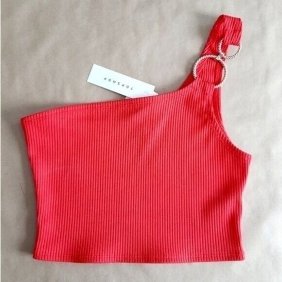 TOPSHOP | One Shoulder Crop Top Textured Ribbed Bright Red Sz 6 - Picture 2 of 6